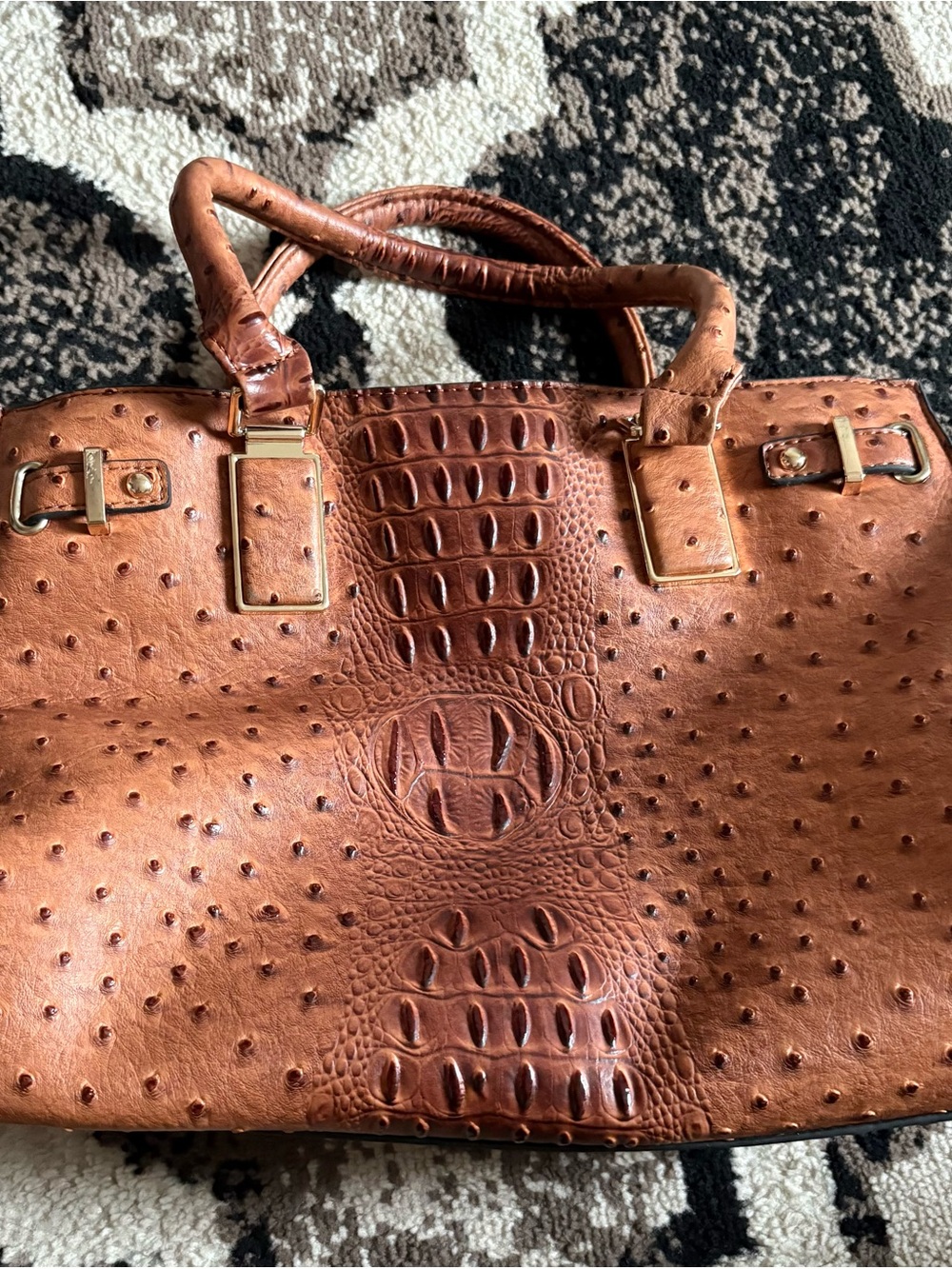 Brown Croc-Embossed Tote Bag with Gold Hardware